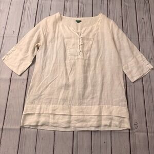 United Colors of Benetton Women's Linen Tunic Top White V-Neck 3/4 Sleeve Size M